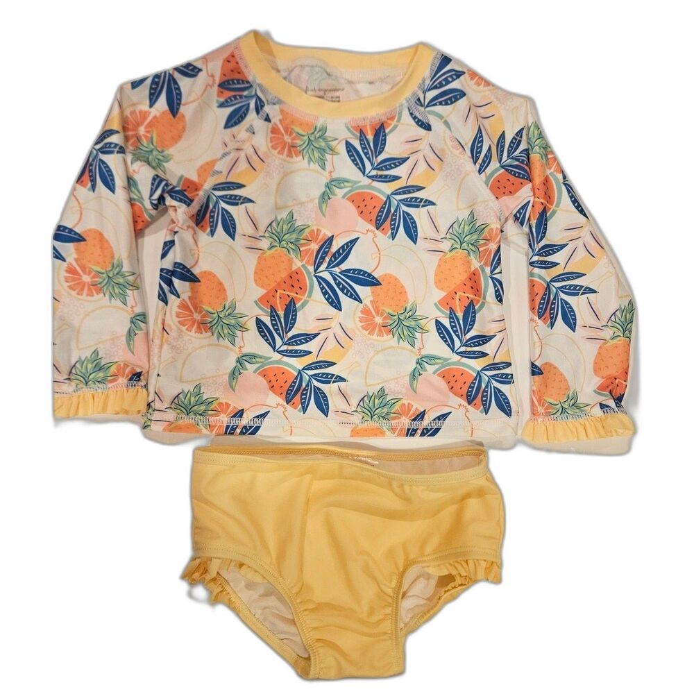 Girl's Yellow White Pink Swim Shirt and Bottoms Two Piece Set UPF 50, Size 24 Mo